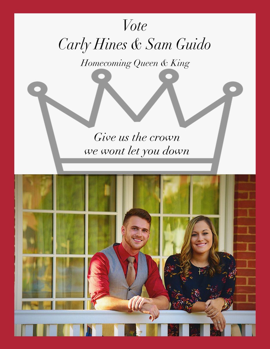 CarlySamHC16's tweet photo. Voting starts TOMORROW @ 9am, we want YOU to VOTE Carly Hines and Sam Guido for Homecoming Queen &amp; King!! 👑👑 https://t.co/wwdcRIXmE1