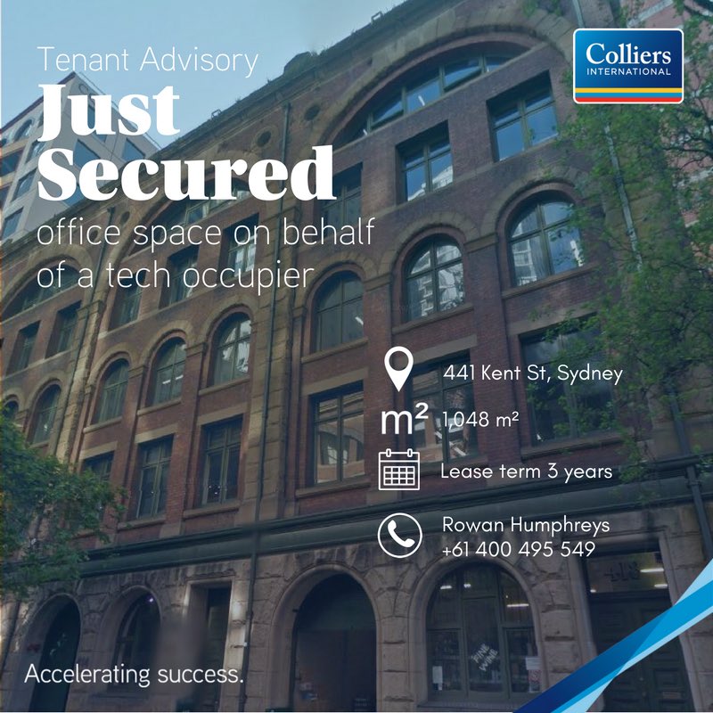 rowanhumphreys's tweet photo. #JUSTSECURED office lease on behalf of my client (#hrtech firm) in #midtown #Sydney - #cre #tech #growth #tenantrep https://t.co/DB9PURsg6L https://t.co/VGEEvvSQev