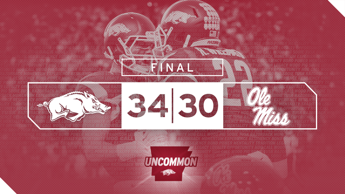 FINAL:

Arkansas defeats Ole Miss, 34-30. #WPS