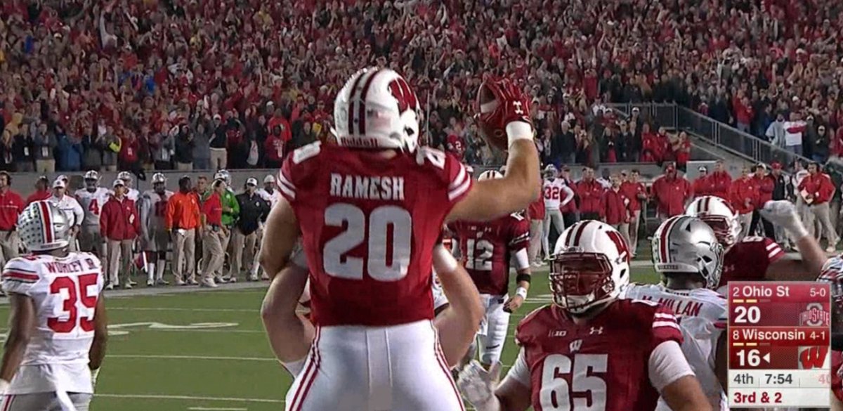 ESPNCFB's tweet photo. TOUCHDOWN BADGERS!

Ramesh runs in the first rushing TD that Ohio State has allowed all season to give Wisconsin the 23-20 lead. https://t.co/RIX0UsenPZ