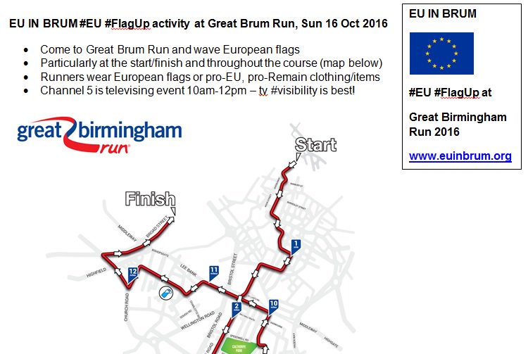 euinbrum's tweet photo. Wave & hang #European flags at #GreatBirminghamRun #Brum Sun 16 Oct #Remain #visibility #LiveOnChannel5 Runners, spectators! #EU #FlagUp! https://t.co/rw011JGJTk