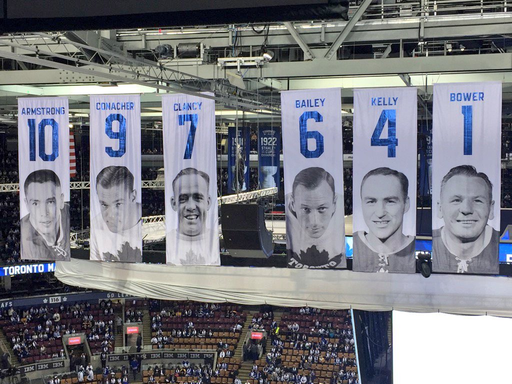 View of banners up in rafters of Toronto Maple Leafs retired numbers  News Photo - Getty Images