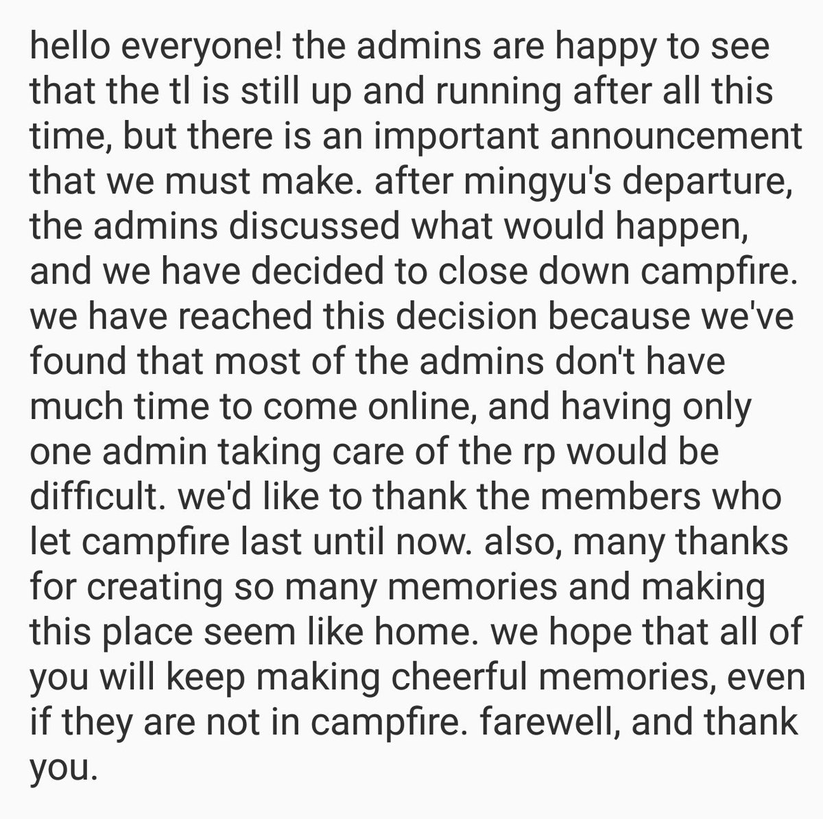 CAMPFIRELQ's tweet photo. [ !!! : ANNOUNCEMENT ] thank you for taking care of the rp when the admins couldn't. https://t.co/6DhcSe8FeC