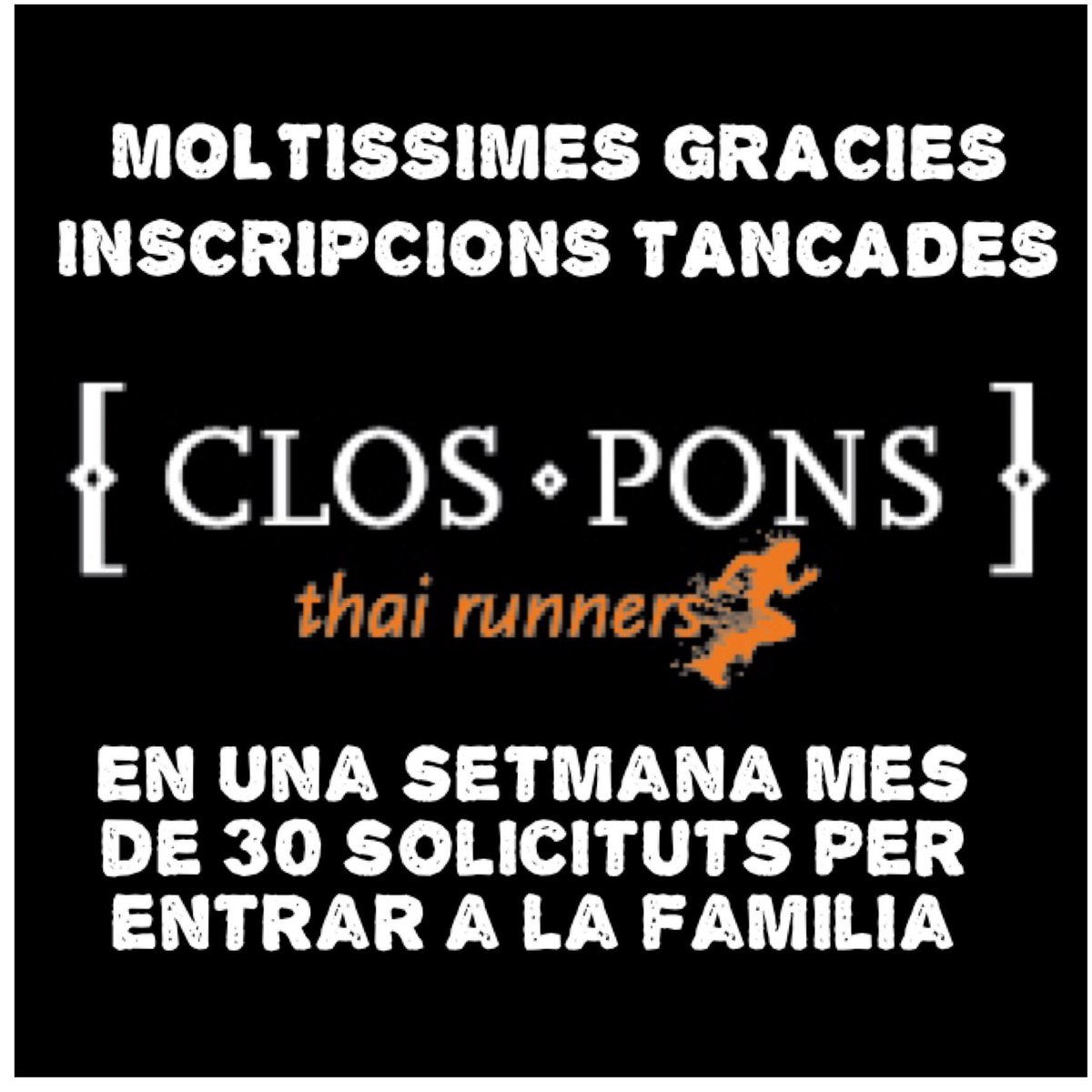 ClosPonsThaiRun's tweet photo. Moltíssimes gràcies per tots els nous membres que confieu en el nostre projecte!! Esperem més endavant poder obrir més inscripcions. https://t.co/YxPaY7HWq2