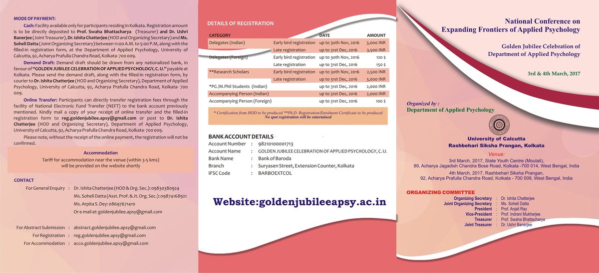 Shayori's tweet photo. The Dept of Applied Psychology,Calcutta University is Celebrating its Golden Jubilee.The brochure for the National Conference is attached. https://t.co/JhcrtsG8kZ