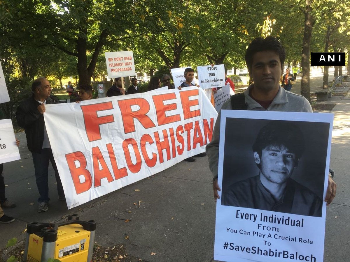 ANI's tweet photo. Baloch protest in Toronto against the abduction of Shabir Baloch in Balochistan by Pakistani security forces. https://t.co/DBoncsIcbs