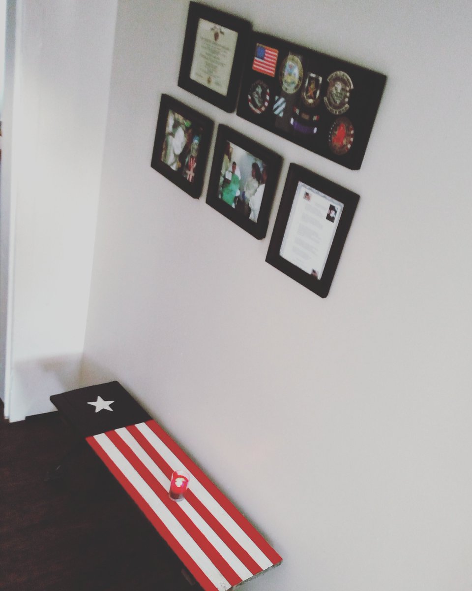 Hallway showing my purple heart certificate, badges, sentimental pics. Put together by <a href="/AllyChristine88/">Ally Wilson</a>. #proudveteran #purpleheart