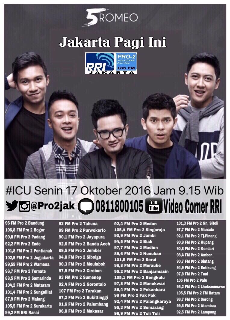 umusicindonesia's tweet photo. BESOK mulai hari fresh dengan @5RomeoID di "Jakarta Pagi Ini" #ICU @Pro2Jak dan relay jaringan Pro2 Se-Indonesia :) #BukanModus https://t.co/22SJiwVDbP