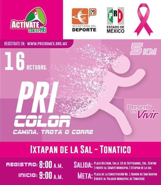 AnayanssiMoreno's tweet photo. Rumbo a #IxtapanDeLaSal para la carrera #PriColor recuerda que en este mes rosa #PrevenirEsVivir #LaGranRedSocial https://t.co/FyczwrtXXB
