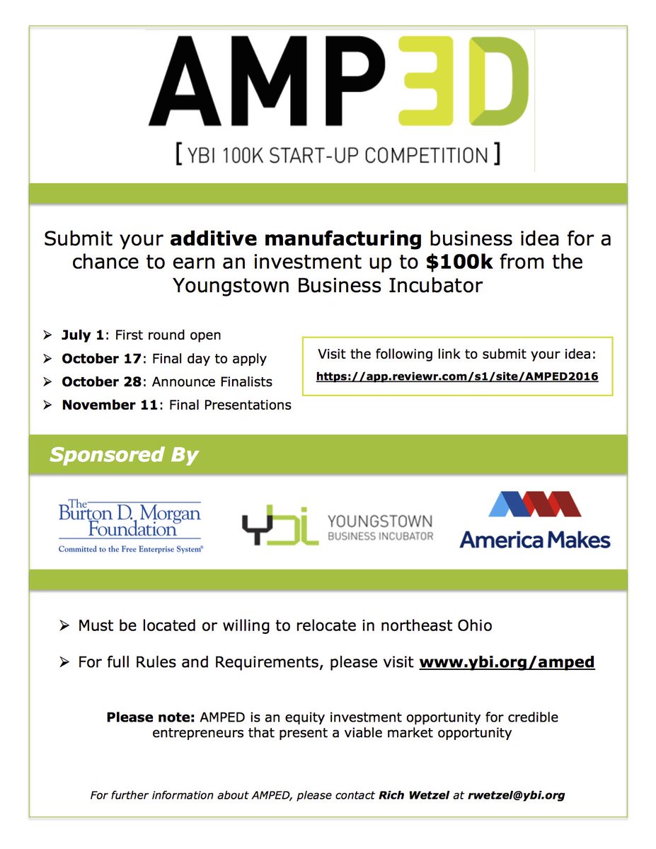 HudsonFasteners's tweet image. Tomorrow is the LAST DAY to apply for @ybiTweets' 100k #tech #startup competition: bit.ly/29jvwIa
#addmfg
