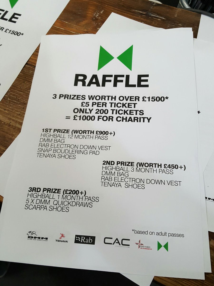 NorwichClimbing's tweet photo. @HighballNorwich Big Flash Raffle 3 amazing prizes get your tickets today in aid of @climbersagainst @EastAngliAirAmb #TBF16 https://t.co/alt2xoTyXc