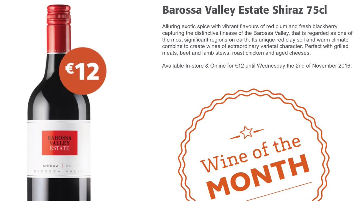 This month a Shiraz direct from the Barossa. In warmer regions Shiraz has more integrated &amp; softer texture a stunner <a href="/SuperValuIRL/">SuperValu Ireland</a> for the €