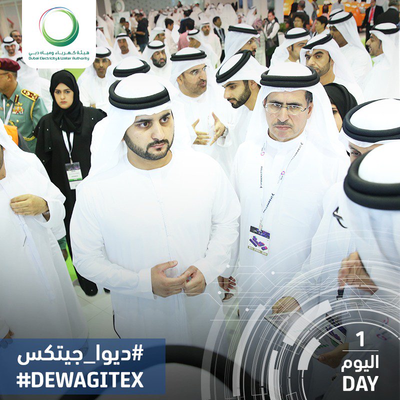 DEWAOfficial's tweet photo. HH Sheikh Maktoum bin Mohammed Al Maktoum &amp; HH Sheikh Mansour bin Mohammed Al Maktoum taking a tour at #DEWAGITEX stand during #GITEX2016 https://t.co/HdrePCK3Ef