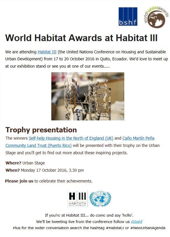 WorldHabitat's tweet photo. JOIN US: Mon 17 Oct, 3.30pm on the Urban Stage #Habitat3 trophy presentation to winners of #worldhabitatawards https://t.co/mnvIhTsXHl
