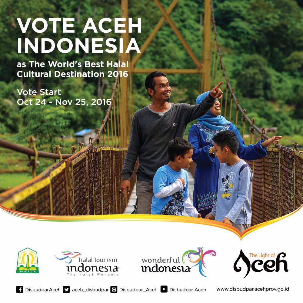 Vote Aceh, Vote Indonesia as The World's Best Halal Cultural Destination 2016 at @WHTSEXPO Abu Dhabi. #thelightofaceh #halaltourismID
