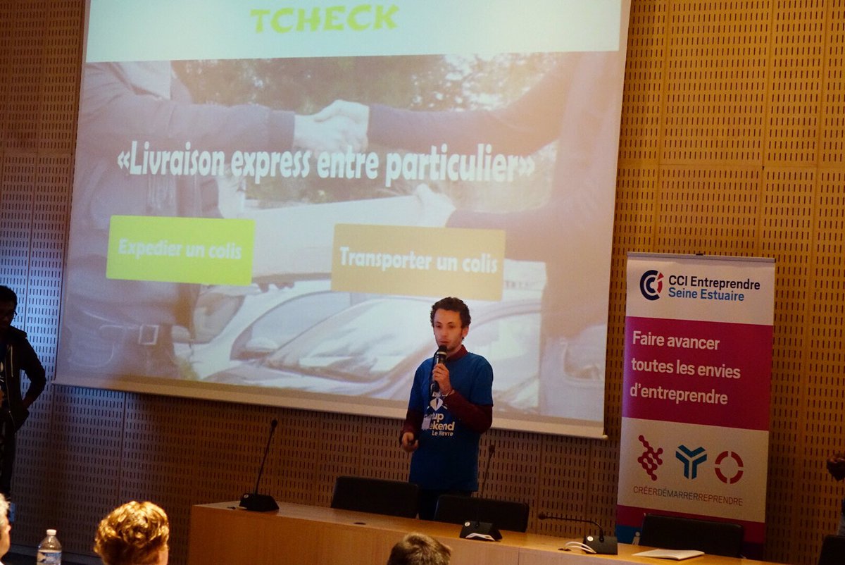 EMNormandie's tweet photo. [#SWLH] Pitch 7 - "Tcheck" est la #startup qui propose la livraison de colis entre particuliers ! https://t.co/WJ14vqcdUi