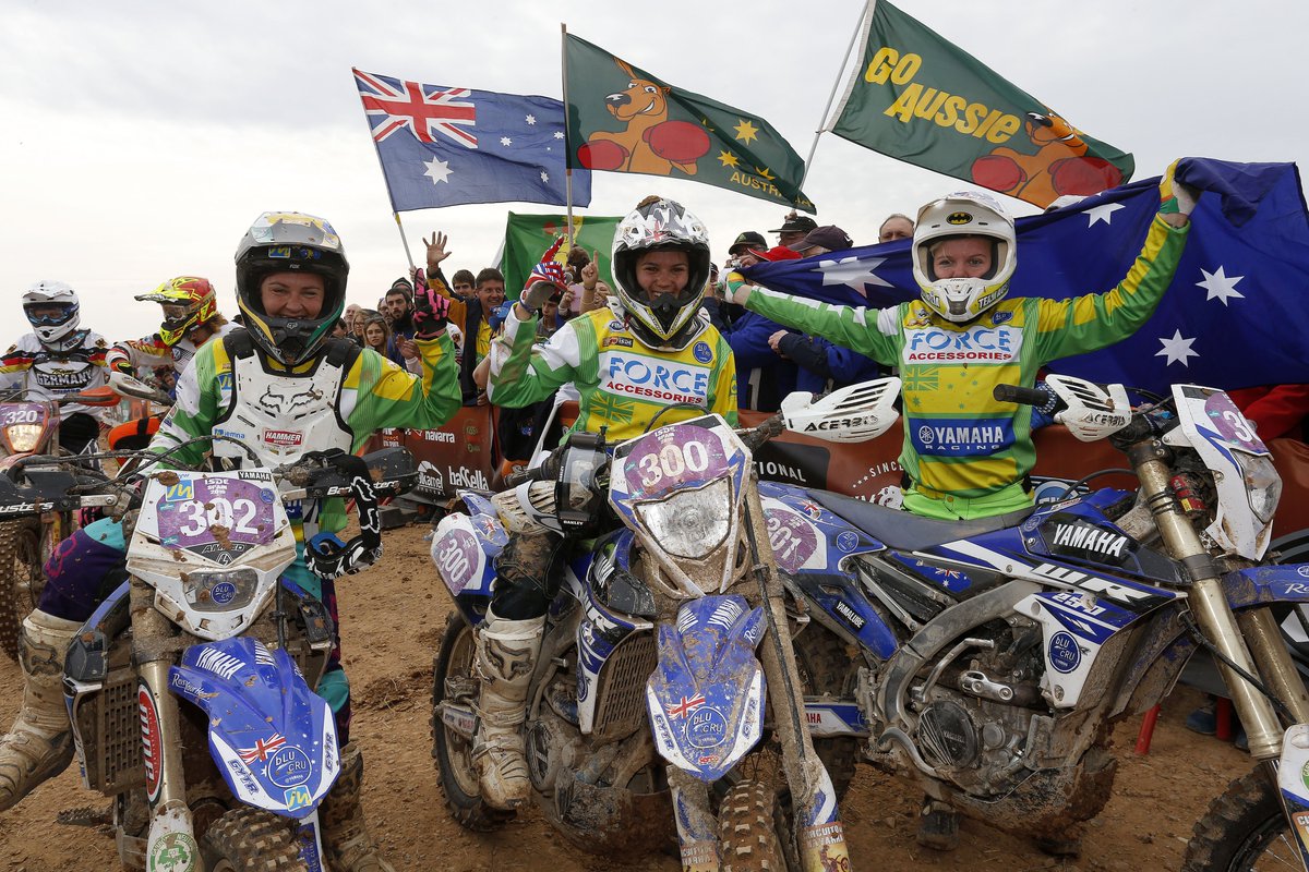 #ISDE2016 It's all smile for the Women's World Trophy winning team of Tayla Jones, Jemma Wilson &amp; Jessica Gardiner #WR250F #RevsYourHeart