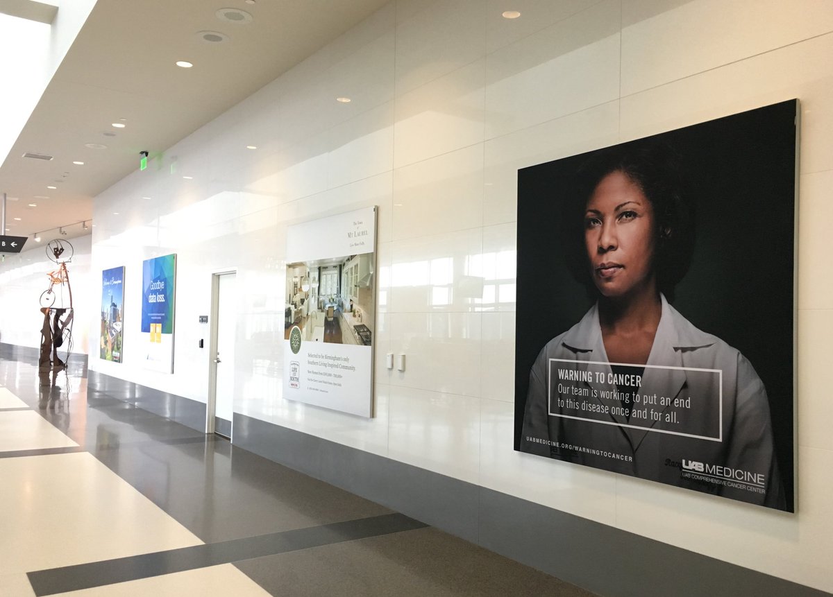UABSON's tweet photo. RT @CayenneCreative: Workspotting. The @uabmedicine campaign at the @BHMAirport #warningtocancer https://t.co/JSuXrO63tl