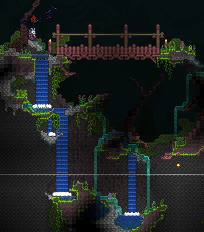 兎菱 Terraria En Twitter いつものマルチでジャングルに大きい谷を作って 橋かけたり大樹生やしたり 楽しい 自分は端っこで滝と橋作ってました Terraria テラリア