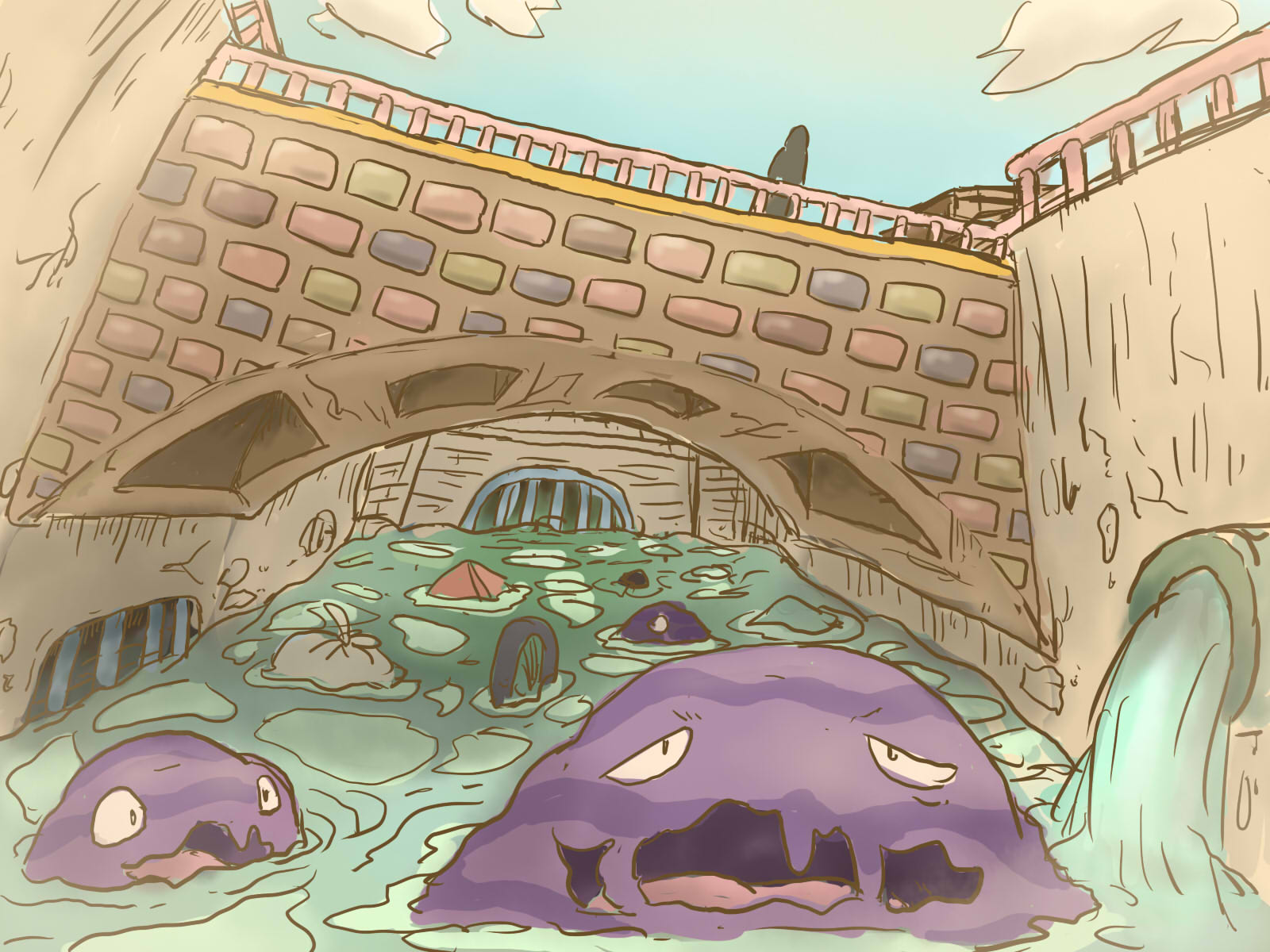 カメ公 おふろでごはん あくしゅう漂う用水路 ベトベトン描きました ポケモン版深夜の真剣お絵描き60分一本勝負 ポケモン版 T Co N304ydl1uy Twitter