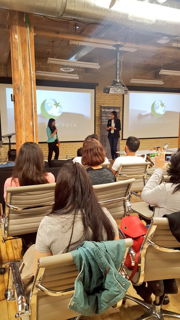PakathonTO's tweet photo. Our amazing co-leads @mahwishnasr and @ayisham963 kicking things off #pakathonTO https://t.co/6CcchS0IK4