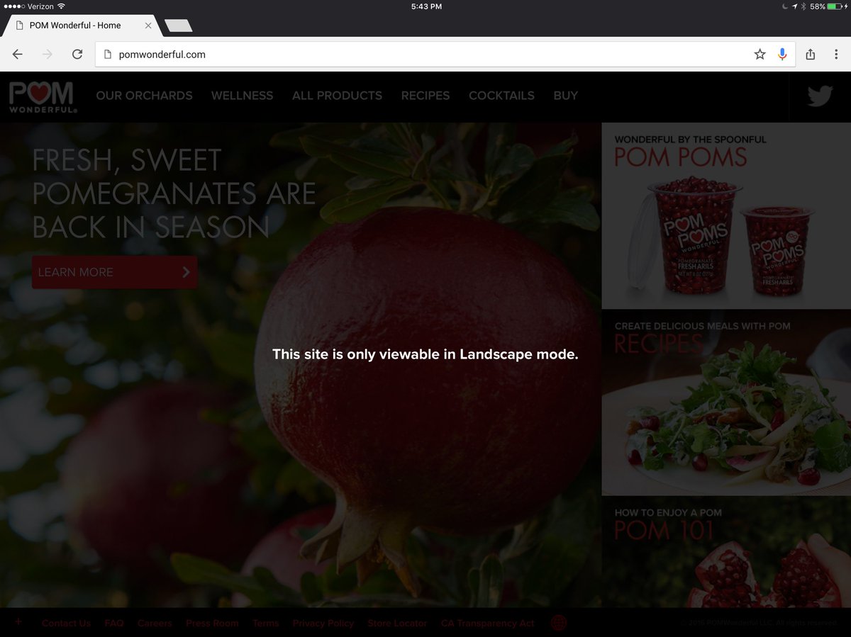 huertas's tweet photo. @pomwonderful can't view your site on an ipad?  Chrome or safari.  I have it in landscape... https://t.co/pFJmFOZ5Nh