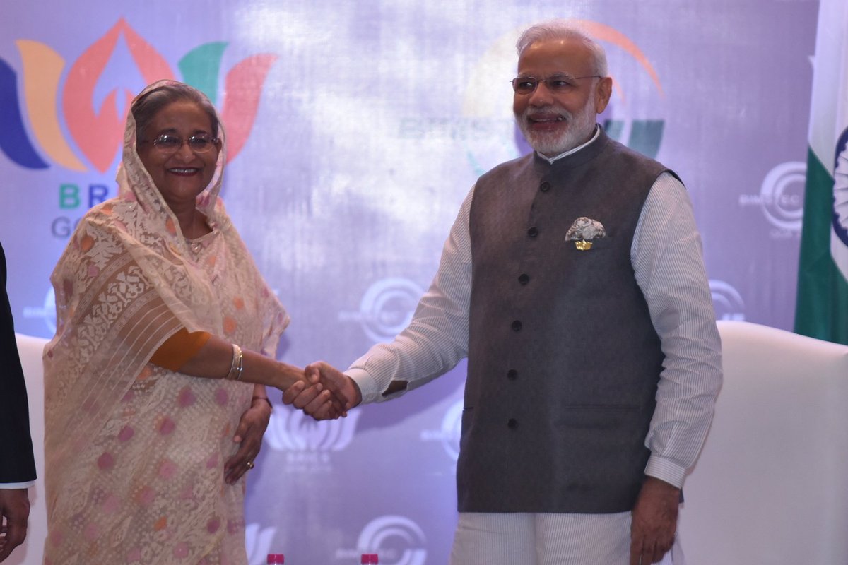 TimesNow's tweet photo. IN PIC: PM Modi ends his day with the final bilateral meet with the Prime Minister of Bangladesh, Sheikh Hasina. #BRICS #BIMSTEC https://t.co/ckSPwhmIks
