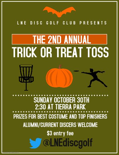 LNEdiscgolf's tweet photo. Come out to the Trick Or Treat Toss on the 30th with your best Halloween costumes and your best discs! #DiscIsLife #DiscOrDie 🌳🎃🕸 https://t.co/aPCOEEyHcX