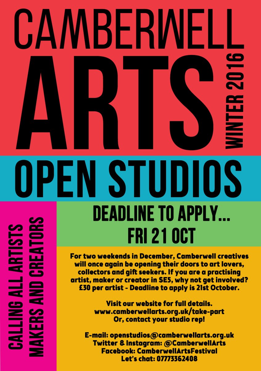 CamberwellArts's tweet photo. Last call for Camberwell artists, makers and creators to join the Winter #OpenStudios! Apply here! https://t.co/GCGXfO5BFR
Deadline 21/10/16 https://t.co/c83tME52tr