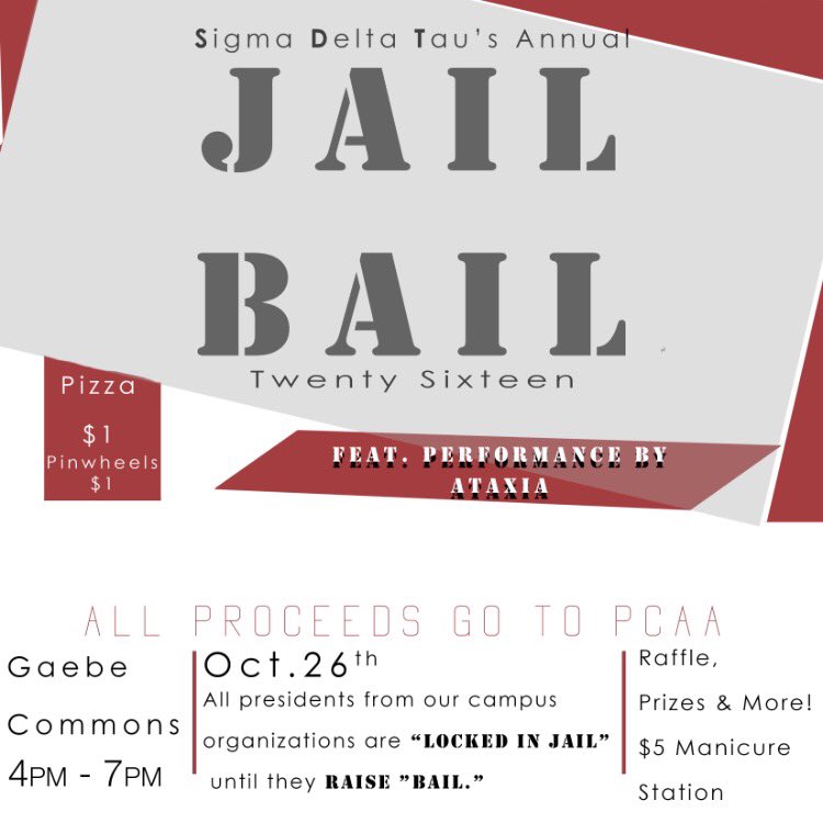 SdtJWU's tweet photo. Join the sisters of Sigma Delta Tau at our annual event Jail Bail, for our philanthropy Prevent Child Abuse America on October 26th in Gaebe https://t.co/rALrU71K2f