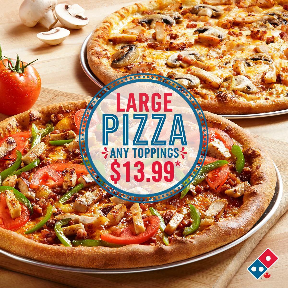 ANYTHING GOES!!! 
Any Large Pizza for $13.99 
(Limit 10 toppings)
Code 4586 
dominos.ca
#anythinggoes #dpstoon #yxe