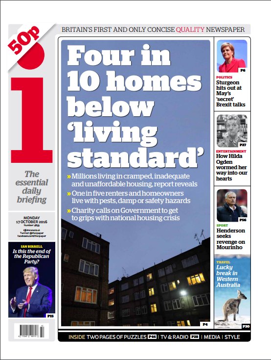 SkyNews's tweet photo. THE i FRONT PAGE: 'Four in 10 homes below 'living standard' #skypapers https://t.co/vBcKRnGVqy