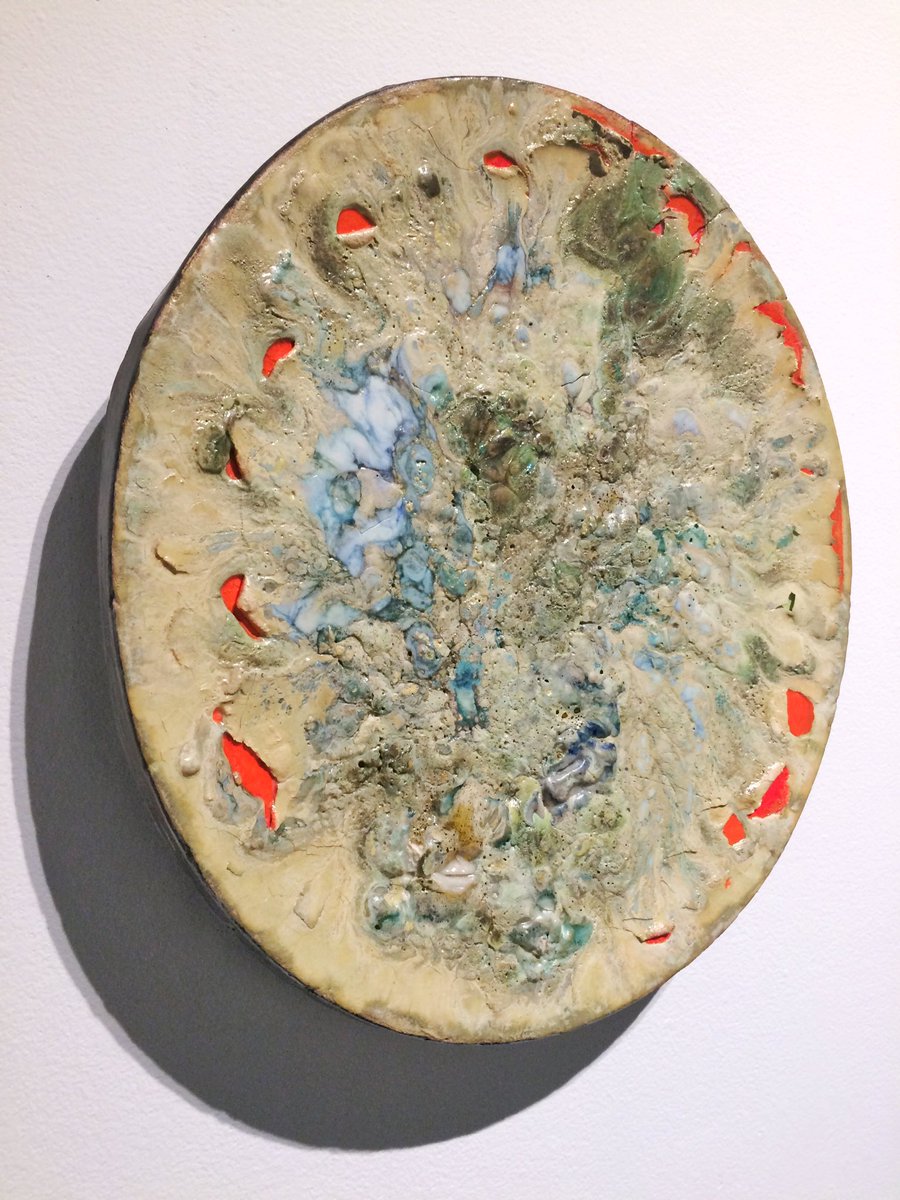 CraftHouston's tweet photo. In “Glaze Discard Trough," Jeff Forster uses a press mold from an old satellite dish, clay sludge & discarded glaze found in a bucket #CTX16 https://t.co/JCgY48OZpD