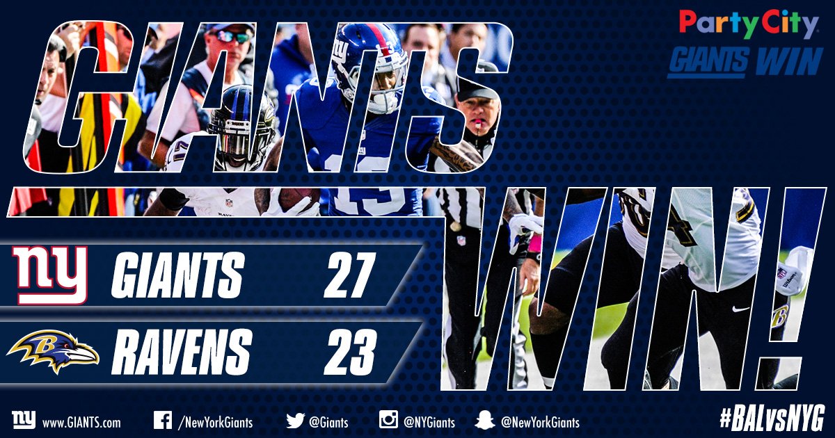 Giants's tweet photo. #GIANTS WIN!!!!!! A hard-fought 27-23 win over the Ravens. #BALvsNYG

HIGHLIGHTS: https://t.co/49T0VeOb20 https://t.co/M30Da44MpN