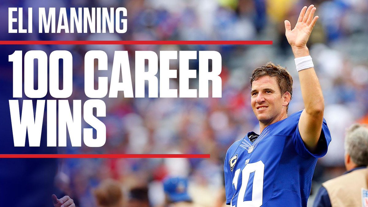espn's tweet photo. A milestone victory for Eli Manning. He wins his 100th career regular-season NFL game, becoming the 14th QB all-time to accomplish the feat. https://t.co/1JKhVJqJgX
