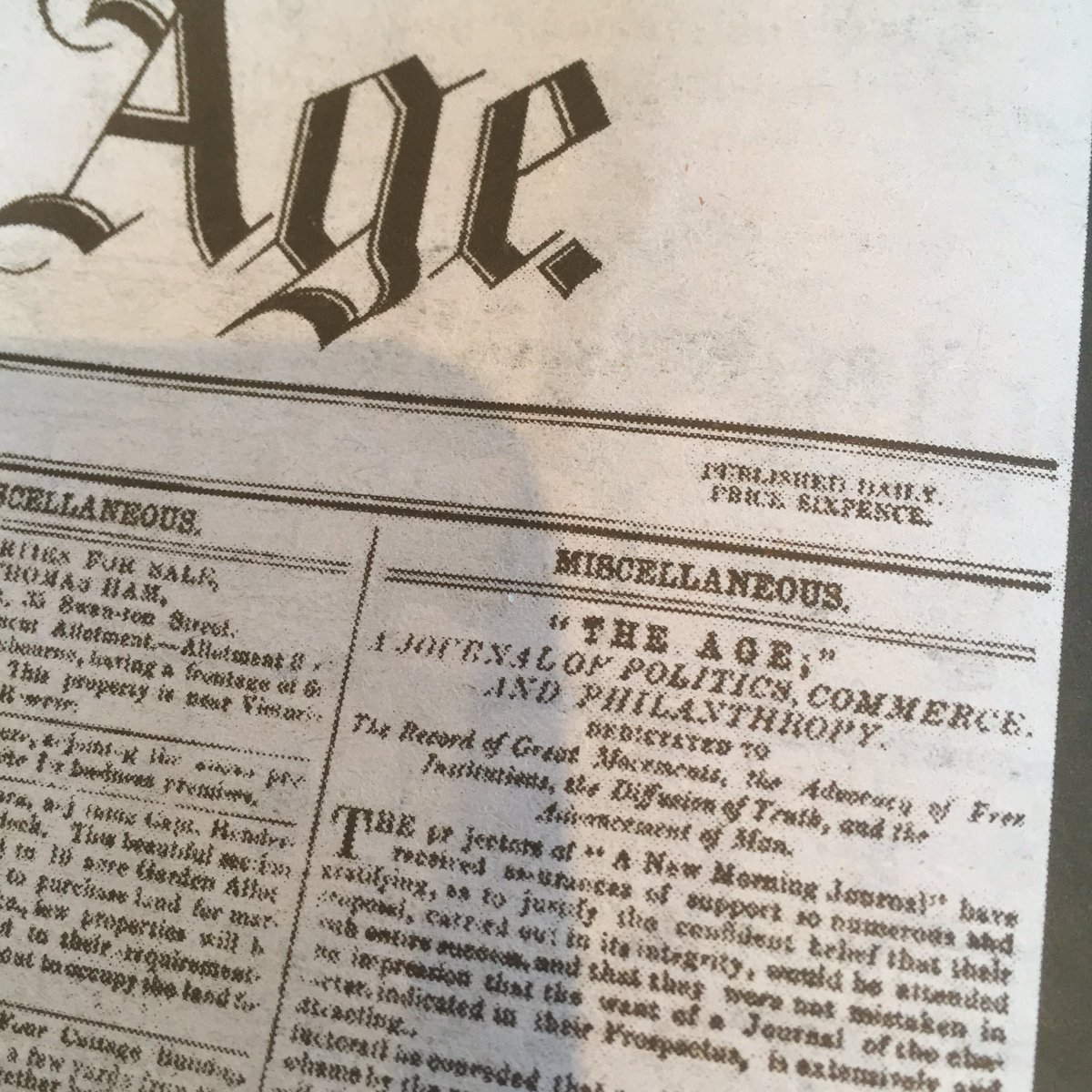 LiaTimson's tweet photo. "Dedicated to the record of great movements, advocacy of free institutions, diffusion of truth, advancement of man." 1st @theage 17/10/1854 https://t.co/AdAe7gDOJV