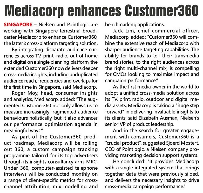 APB_News's tweet photo. Mediacorp enhances customer360! #Mediacorp #Customer360 #Nielsen #Pointlogic https://t.co/yYlhSDdKRb