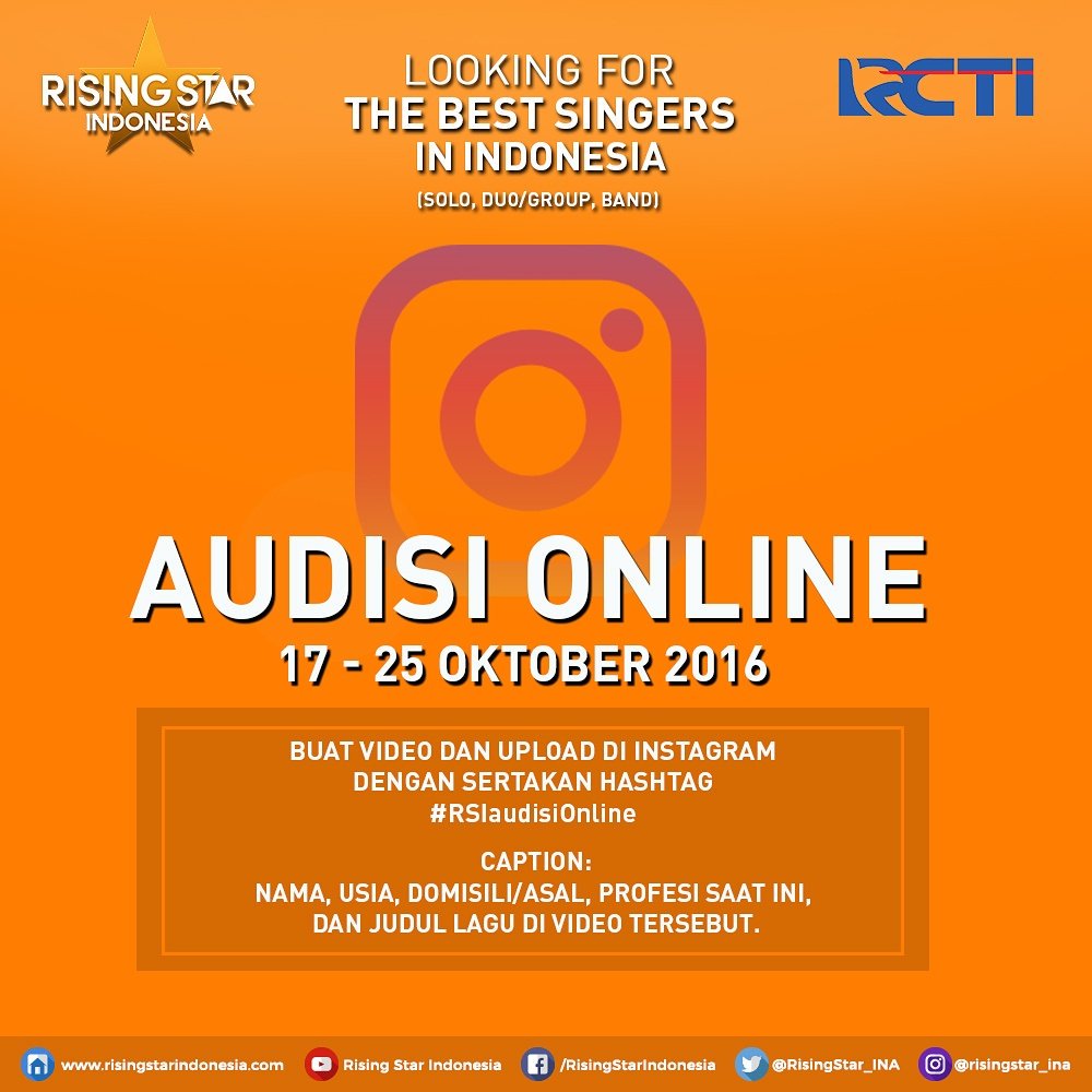 RisingStar_INA's tweet photo. Audisi Online di buka hari ini sampai tanggal 25 Oktober 2016, baca ketentuannya di flyer ini yaa #RSIaudisiOnline https://t.co/v64tzdW34V