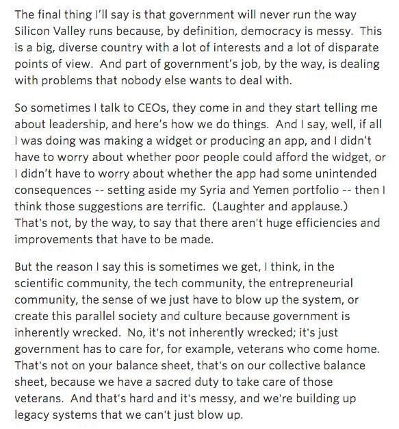 Thoughtful response from Obama on why Washington will never operate like Silicon Valley (via <a href="/nacin/">Andrew Nacin</a>)