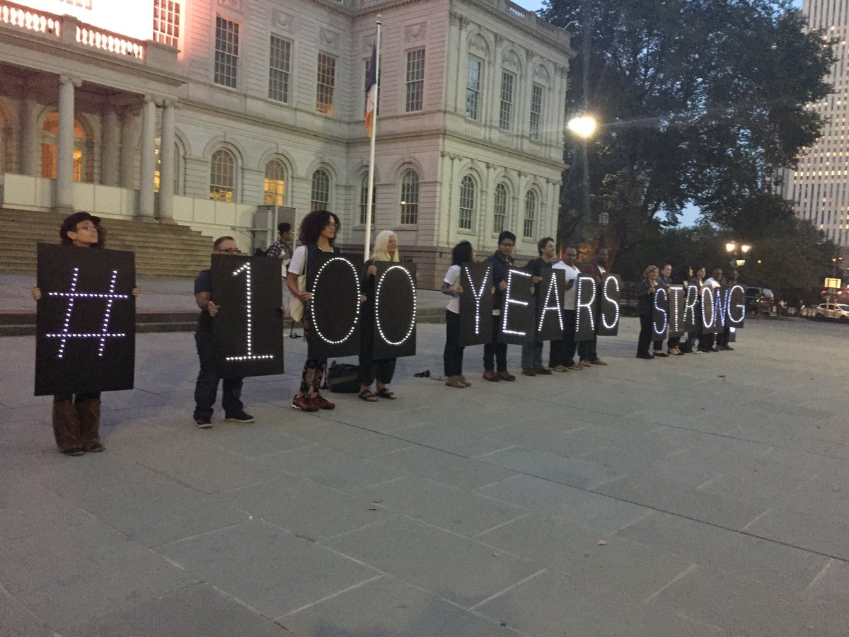 PPact's tweet photo. .@NYCLightBrigade &amp; @actdottv are celebrating Planned Parenthood's #100YearsStrong with this strong pose. How are you celebrating? https://t.co/V3njgFyoki