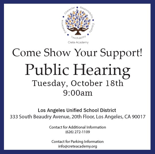 Crete Academy can use all the support it can get! Please come to our Public Hearing at LAUSD <a href="/LASchools/">Los Angeles Unified</a>. Will be passing out free T-shirts!