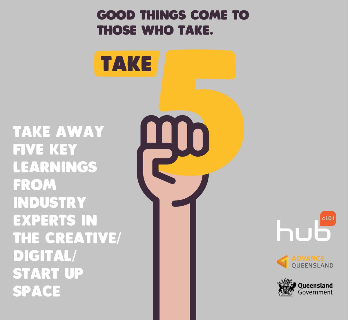 hub4101's tweet photo. LAST CHANCE TO REGISTER: #Take5, 5 Key Learnings from Industry Experts in the creative/digital/startup space https://t.co/QYWjJnWqN3 https://t.co/svOeeQxZ00