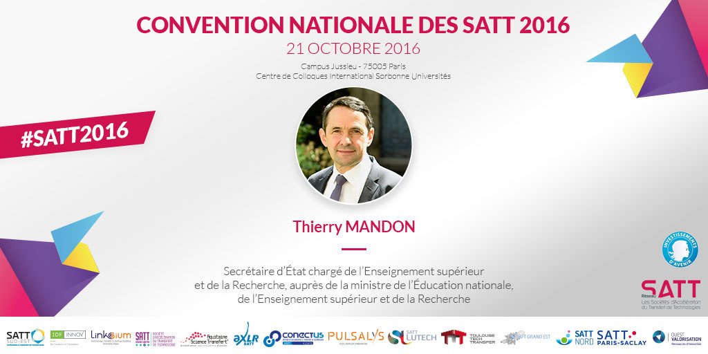 ReseauSATT's tweet photo. J - 4 #SATT2016
Avec la participation de @mandonthierry secrétaire d'état à la #recherche
#Technogie #Innovation 

> https://t.co/vl7D4iQnHy https://t.co/8mO8gsJtp0