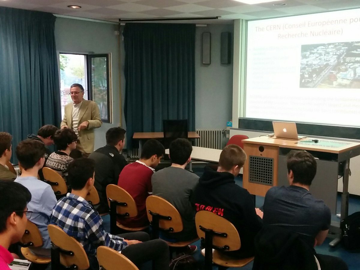 DulwichScience's tweet photo. CERN visit begins with a lecture from an eminent French scholar #Cern2016 https://t.co/mo5lClgqkL