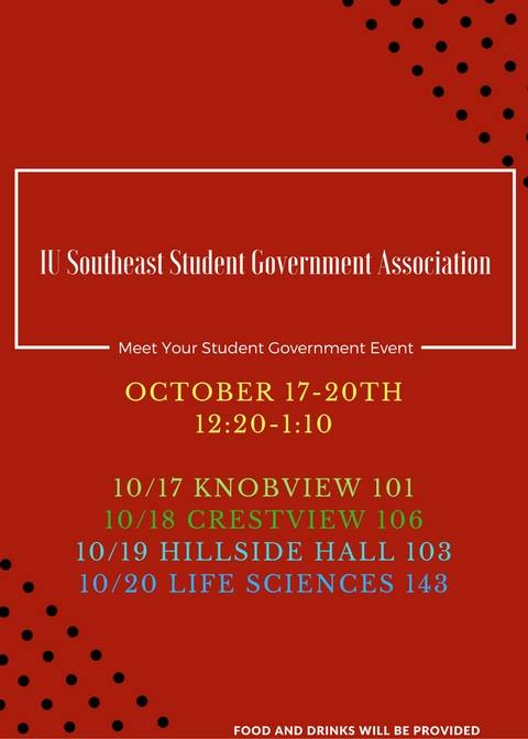 Come meet your Student Government representatives <a href="/IUSoutheast/">IU Southeast</a> to hear what we've been up to and to give us proposals to undertake!