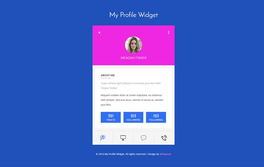 W3Layouts's tweet image. My #ProfileWidget a #HTML5 #Responsive #Widget #Template for your projects. Download &amp;amp; Share...
bit.ly/2edxqHA