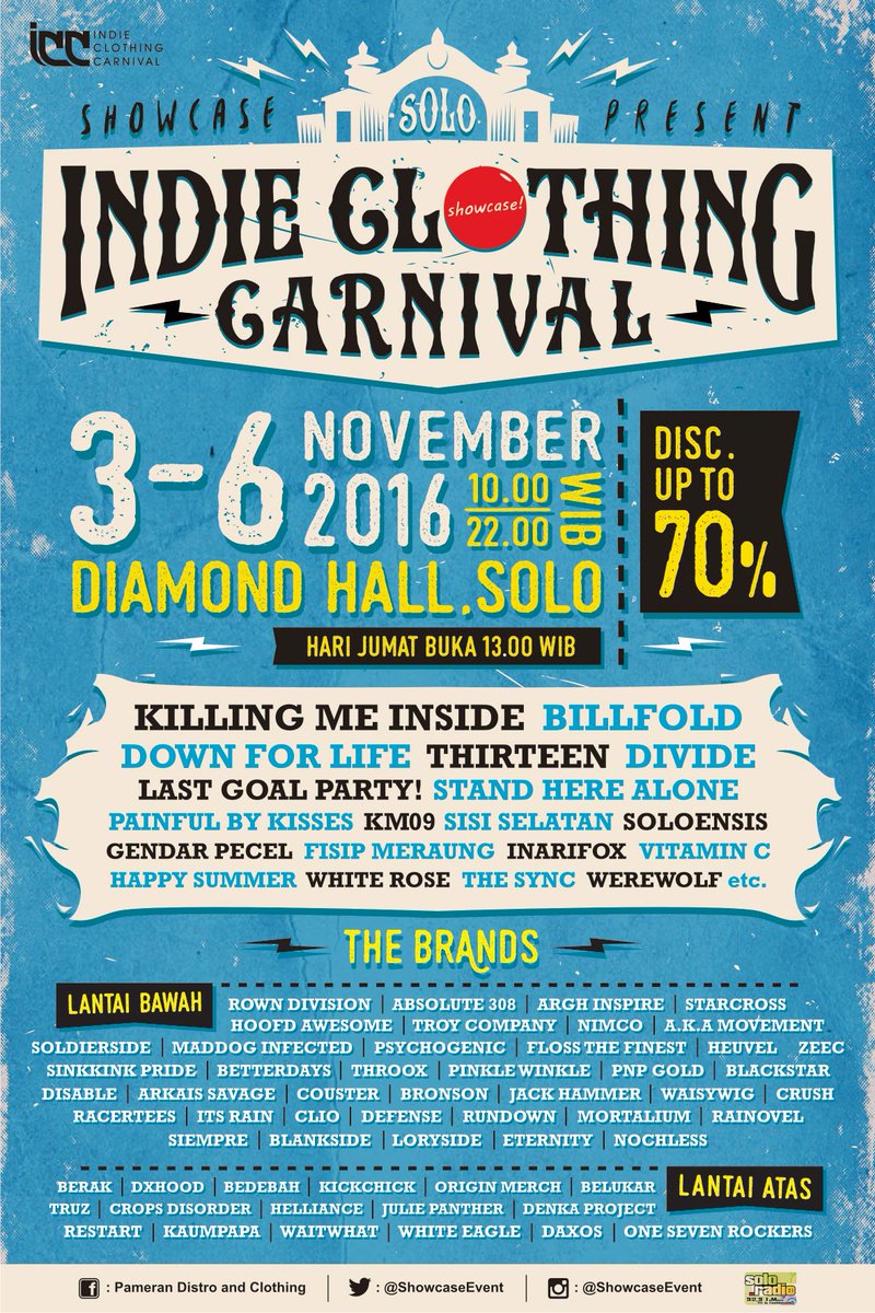 #SOLO | #IndieClothingCarnival
3-6 Nov 2016 (4hr) @ Diamond Hall
#SaveYourMoney <a href="/solo_radio/">92.9 FM Solo Radio</a> <a href="/AgendaSOLO/">IG : @AGENDASOLO</a> <a href="/tentangSolo/">Tentang Kota Solo</a>