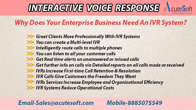 acutesoftsol's tweet photo. #Acutesoft Interactive voice response system
#IVRserivces #CloudbasedIVR #tollfreenumbers #CRMintegrated #trackreturanoninvestment #IVR https://t.co/loJUQ3JwUr
