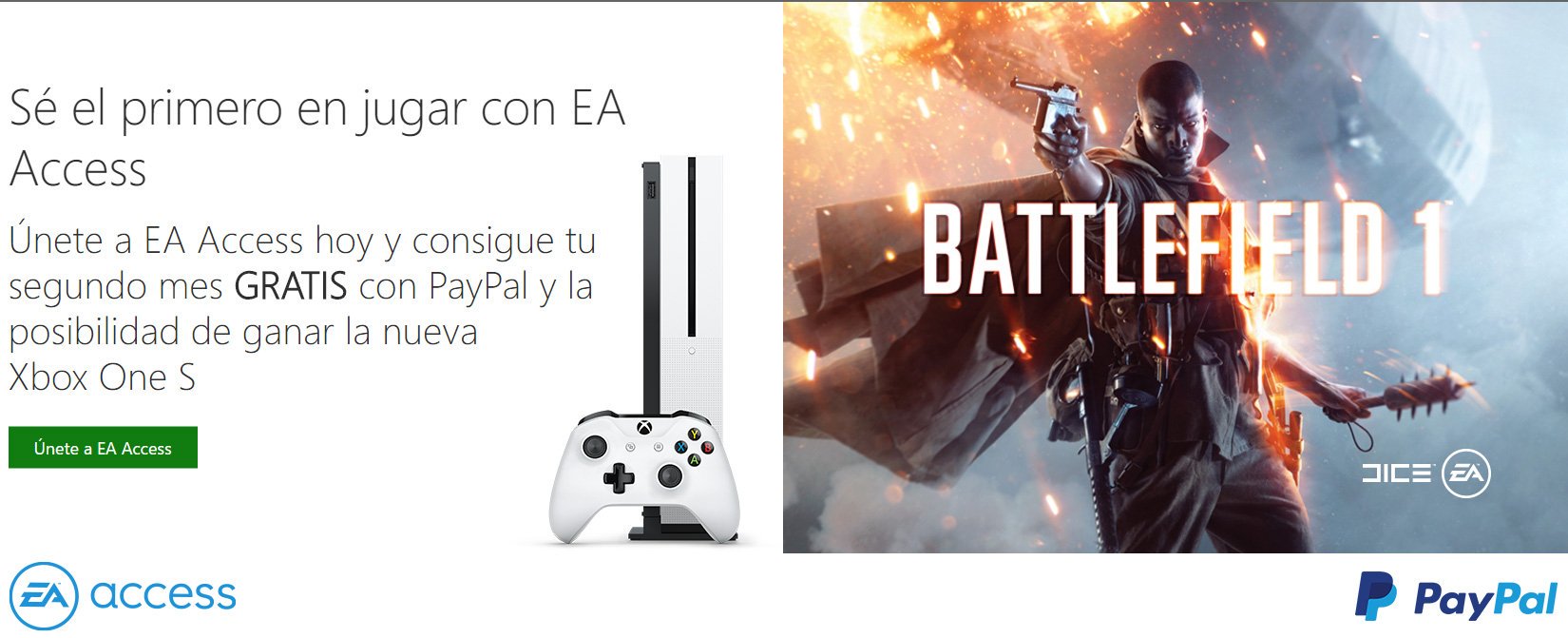 imitar salado victoria Xbox España on Twitter: "Únete a EA Access con @PayPalSpain y recibe 1 mes  adicional GRATIS. ¡Y #JuegaPrimero a Battlefield 1 en Xbox One:  https://t.co/sSImKFcpxb https://t.co/u7jQ0sM6O7" / Twitter
