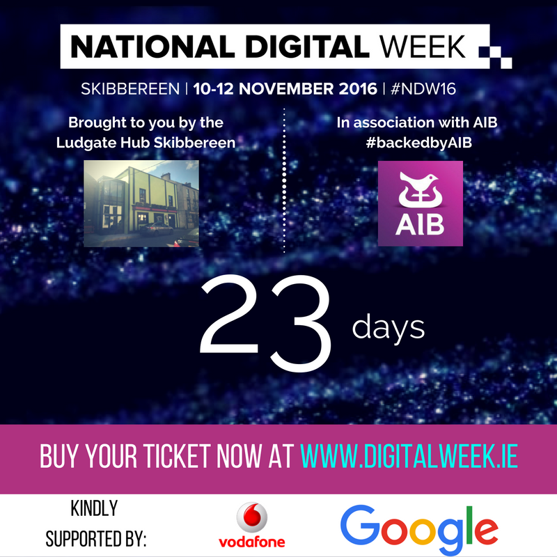 DigitalWeekIRL's tweet photo. Only 23 days away from #NDW16!! Tickets are available at https://t.co/bT5JAvkNG2 or pop into our ticket office at the @LudgateIreland hub :) https://t.co/maFZkE0quV